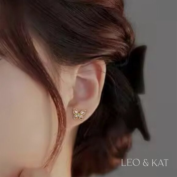 Zircon Butterfly Stud Earrings in Gold and Silver. 925 Sterling Silver. #1031 - Picture 3 of 5